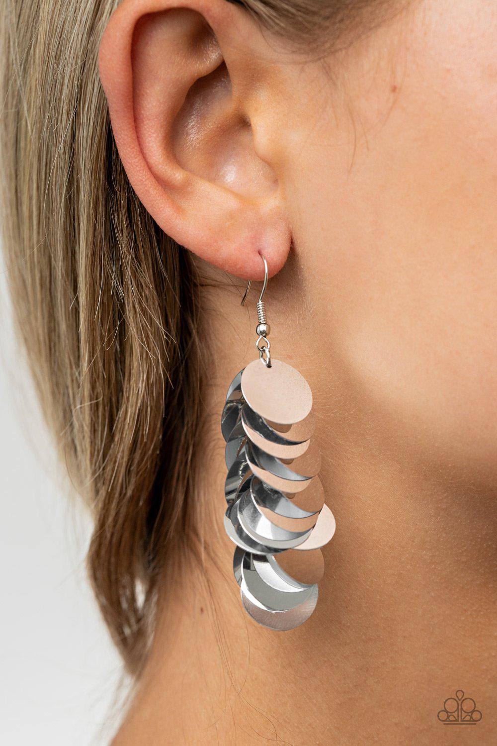 Now You SEQUIN It Silver Earrings - Paparazzi Accessories- on model - CarasShop.com - Paparazzi Jewelry by Cara Jewels
