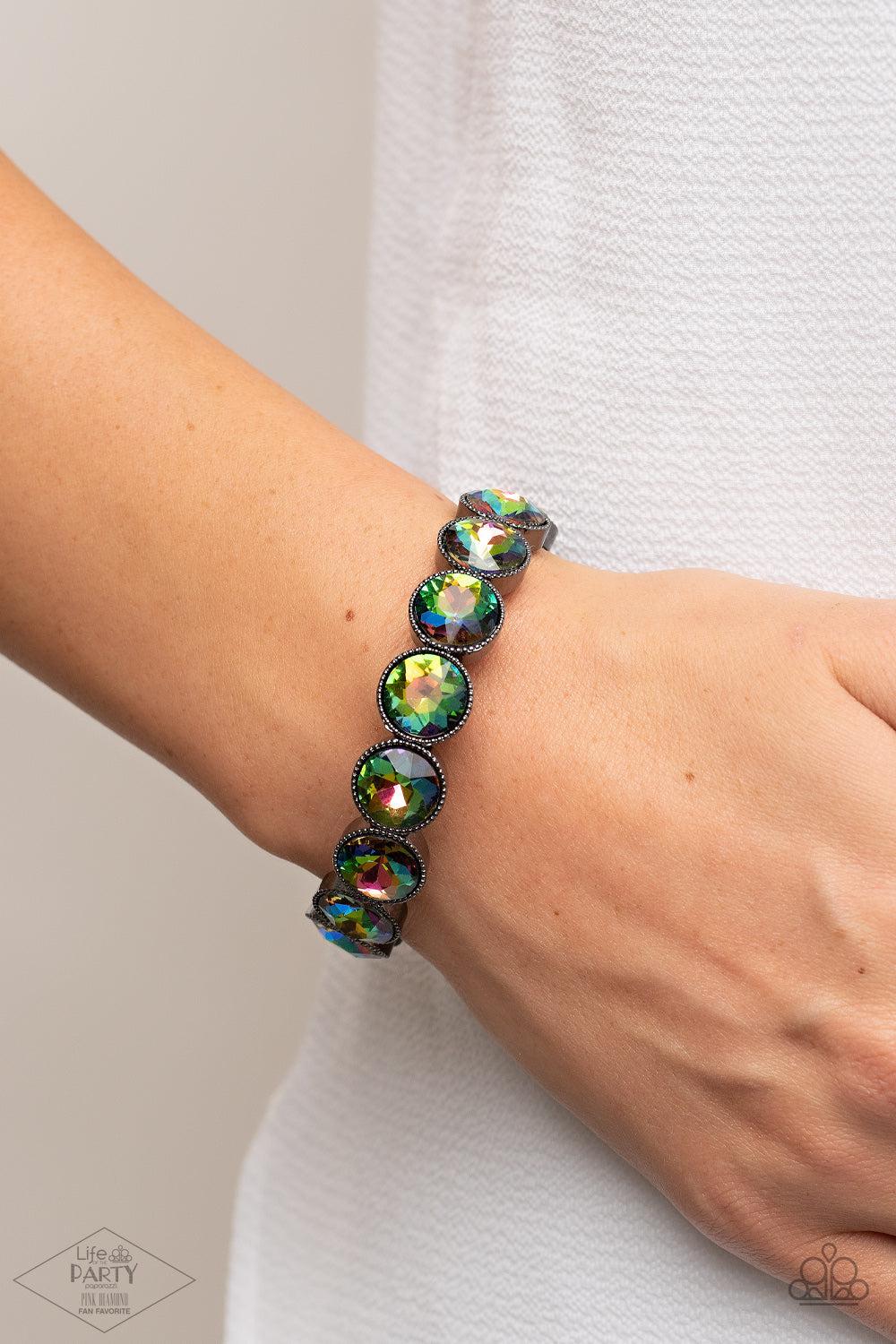 Number One Knockout Multi Oil Spill Rhinestone Bracelet - Paparazzi Accessories- on model - CarasShop.com - Paparazzi Jewelry by Cara Jewels