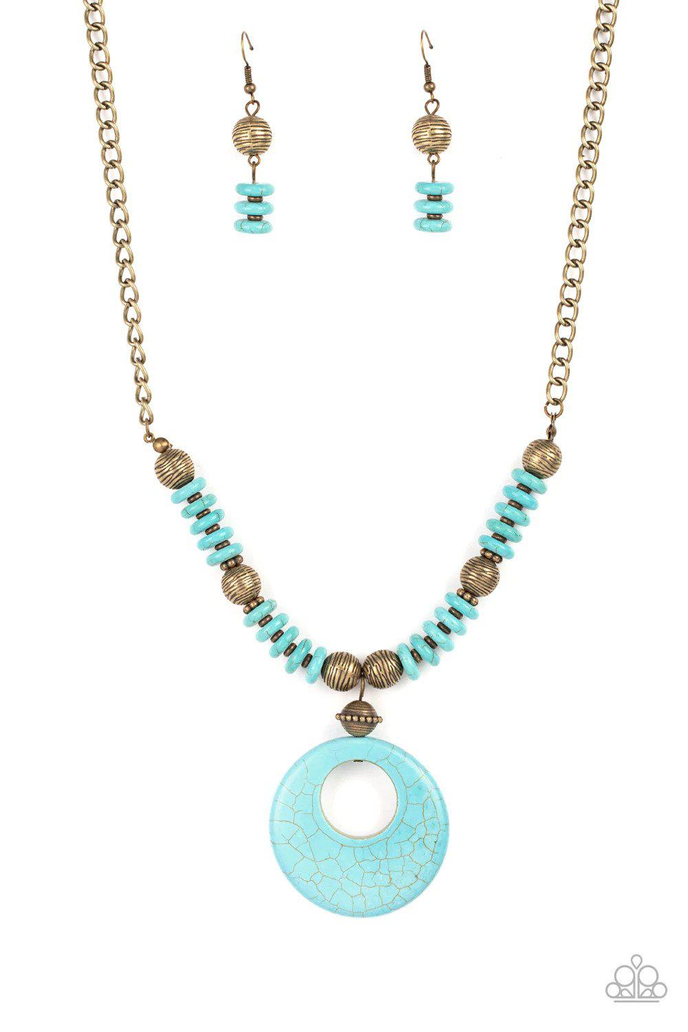 Oasis Goddess Brass & Turquoise Blue Stone Necklace - Paparazzi Accessories- lightbox - CarasShop.com - Paparazzi Jewelry by Cara Jewels
