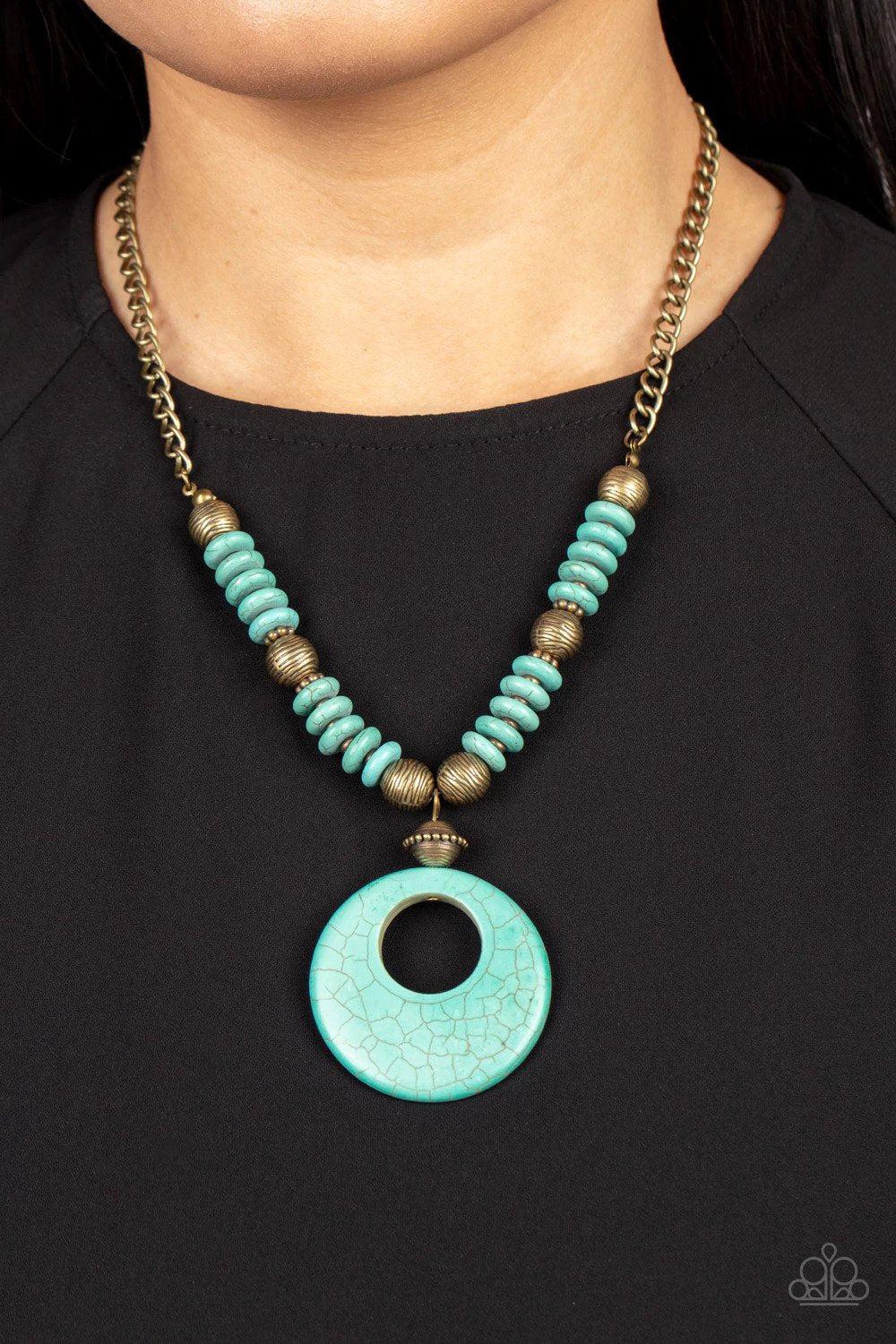 Oasis Goddess Brass & Turquoise Blue Stone Necklace - Paparazzi Accessories- on model - CarasShop.com - Paparazzi Jewelry by Cara Jewels