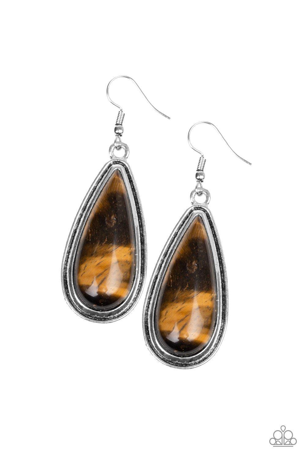 Oasis Sheen Brown Tiger's Eye Earrings - Paparazzi Accessories- on model - CarasShop.com - Paparazzi Jewelry by Cara Jewels