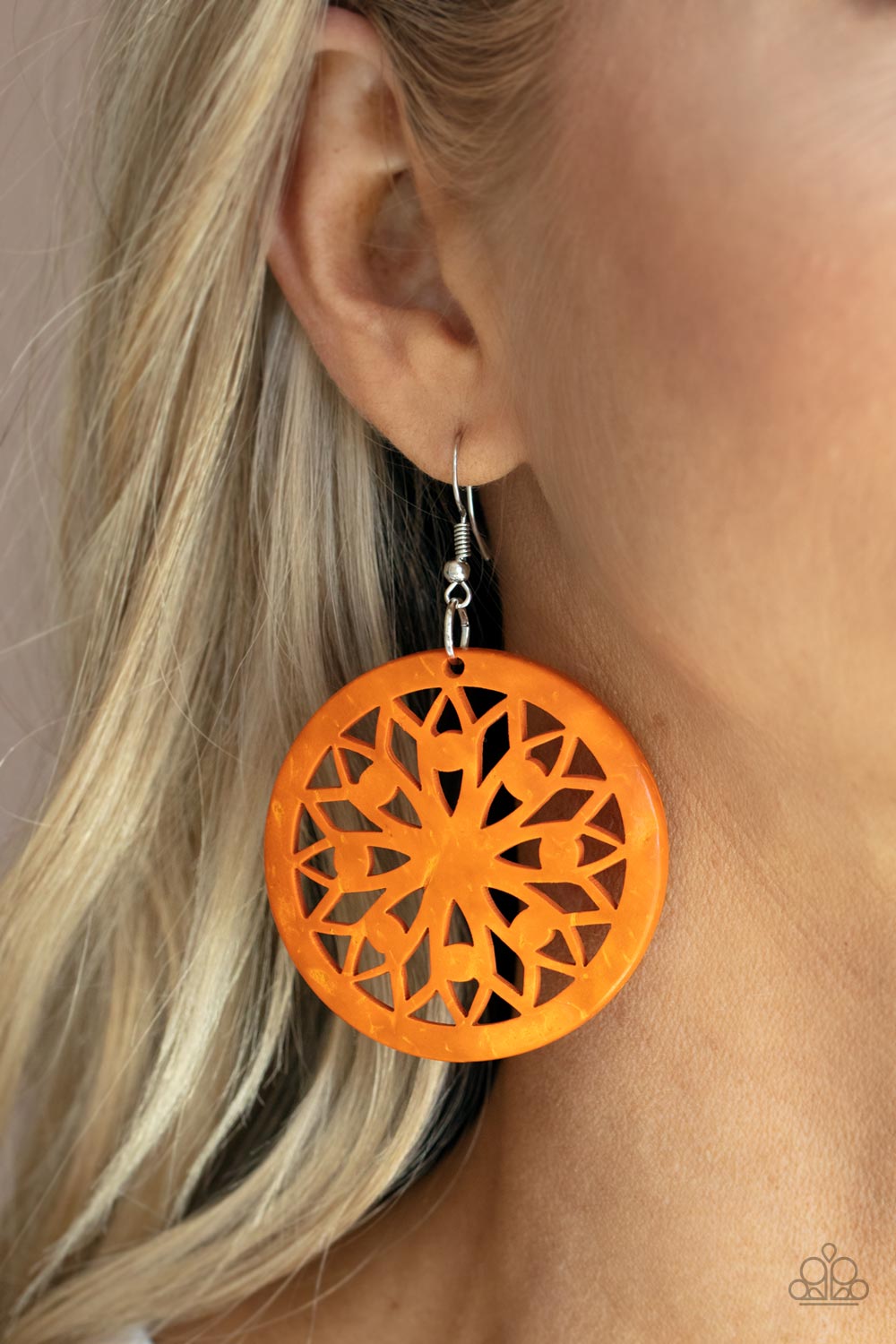 Ocean Canopy Orange Earrings - Paparazzi Accessories- on model - CarasShop.com - Paparazzi Jewelry by Cara Jewels