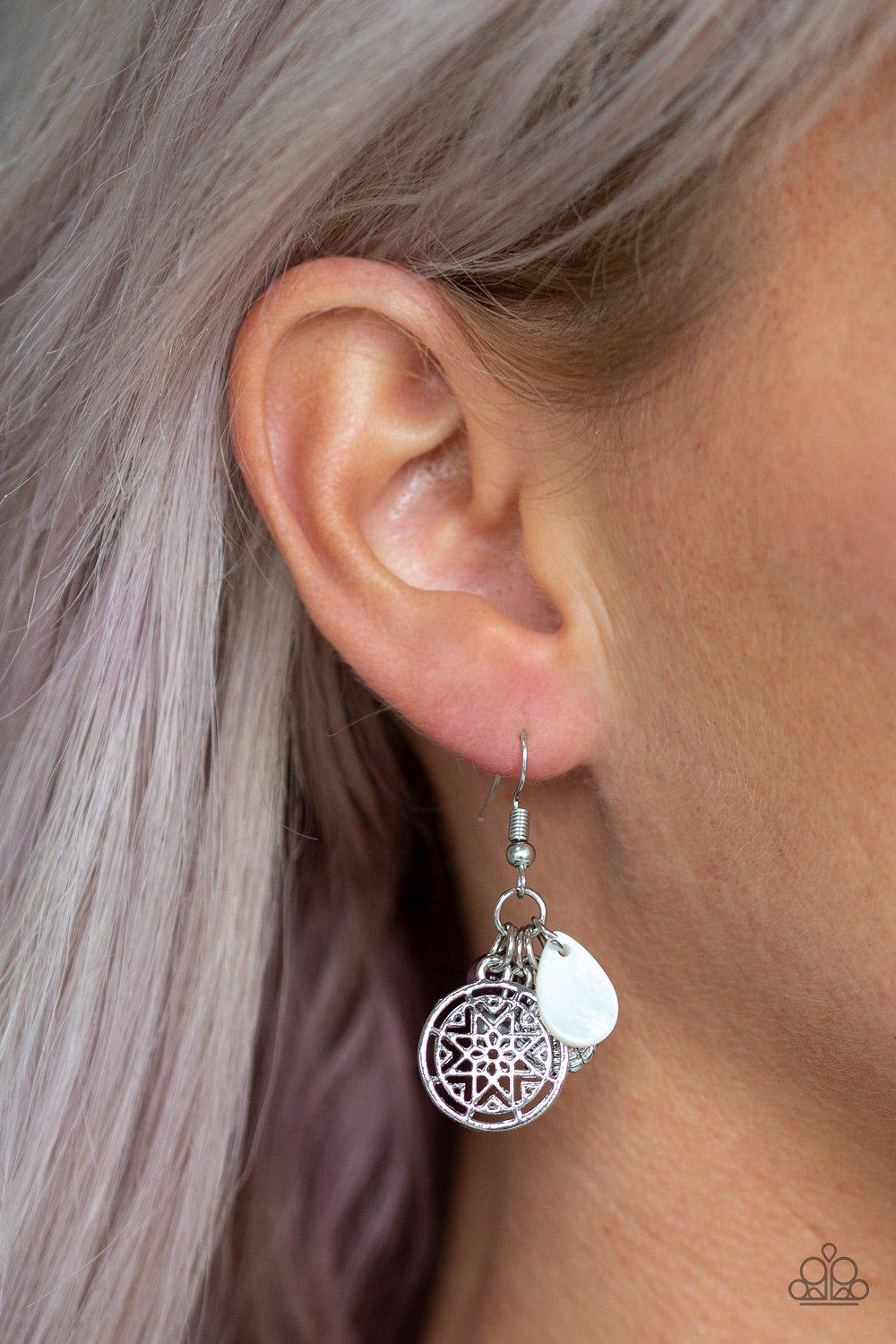 Ocean Oracle Silver and Purple Charm Earrings - Paparazzi Accessories- on model - CarasShop.com - Paparazzi Jewelry by Cara Jewels