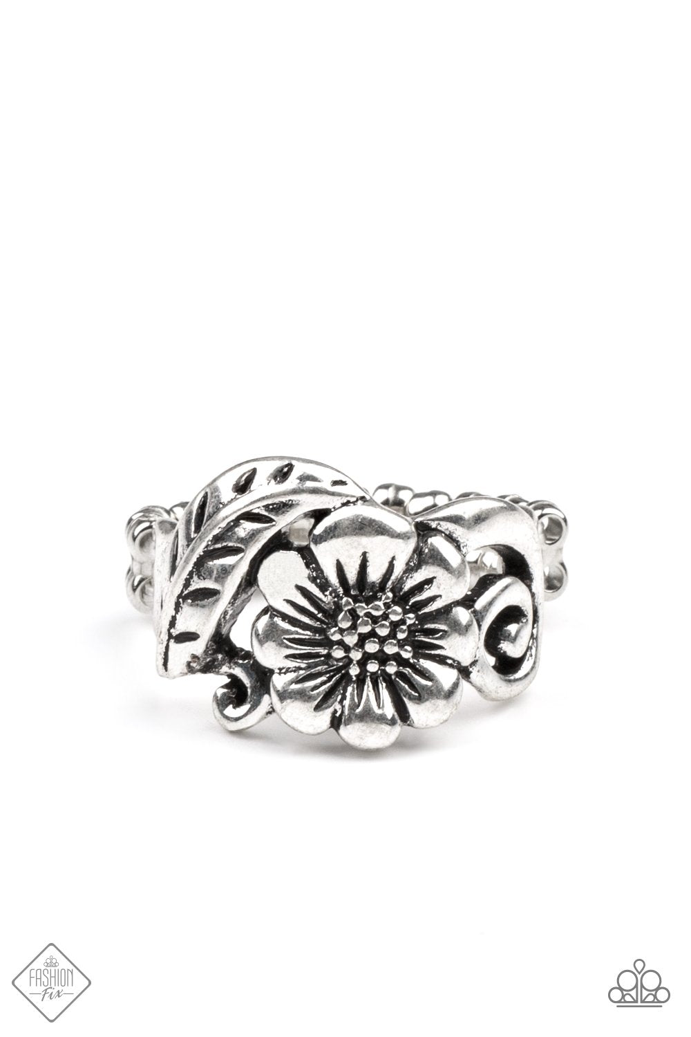 Oceanside Orchard Silver Flower Ring - Paparazzi Accessories- lightbox - CarasShop.com - Paparazzi Jewelry by Cara Jewels