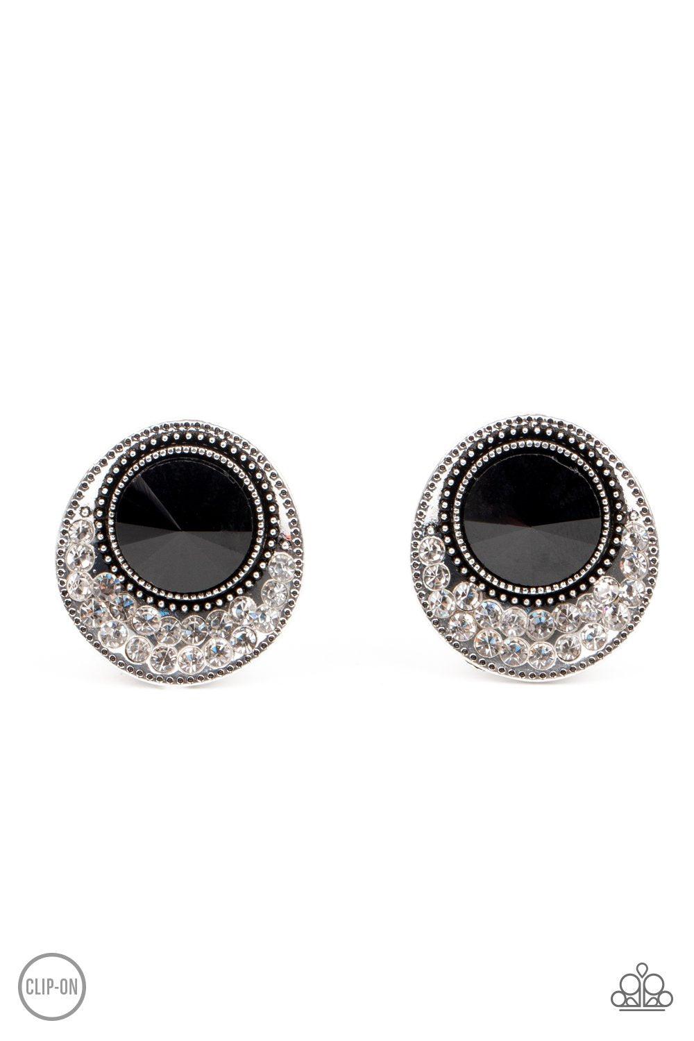 Off The RICHER Scale Black and White Rhinestone Clip-On Earrings - Paparazzi Accessories- lightbox - CarasShop.com - Paparazzi Jewelry by Cara Jewels