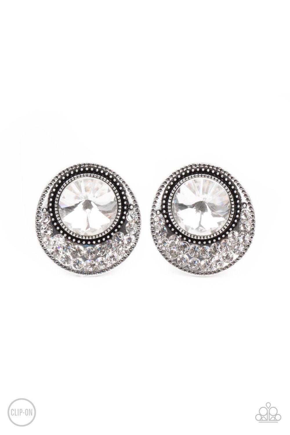 Off The RICHER-Scale White Rhinestone Clip-on Earrings - Paparazzi Accessories- lightbox - CarasShop.com - Paparazzi Jewelry by Cara Jewels