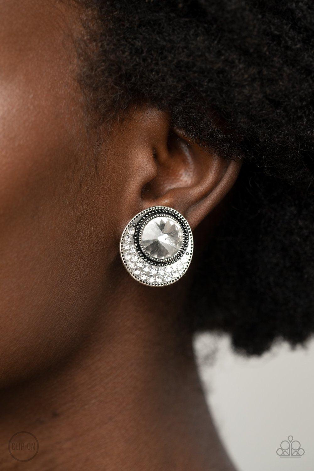 Off The RICHER-Scale White Rhinestone Clip-on Earrings - Paparazzi Accessories- lightbox - CarasShop.com - Paparazzi Jewelry by Cara Jewels