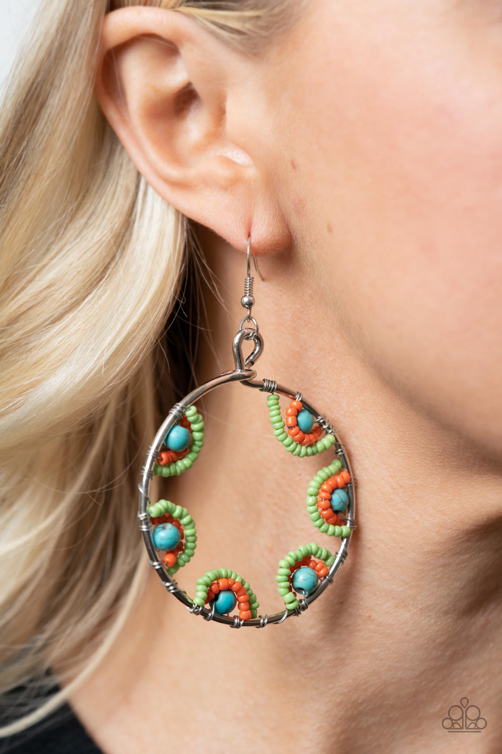 Off The Rim Multi Seed Bead and Turquoise Stone Earrings - Paparazzi Accessories- lightbox - CarasShop.com - Paparazzi Jewelry by Cara Jewels