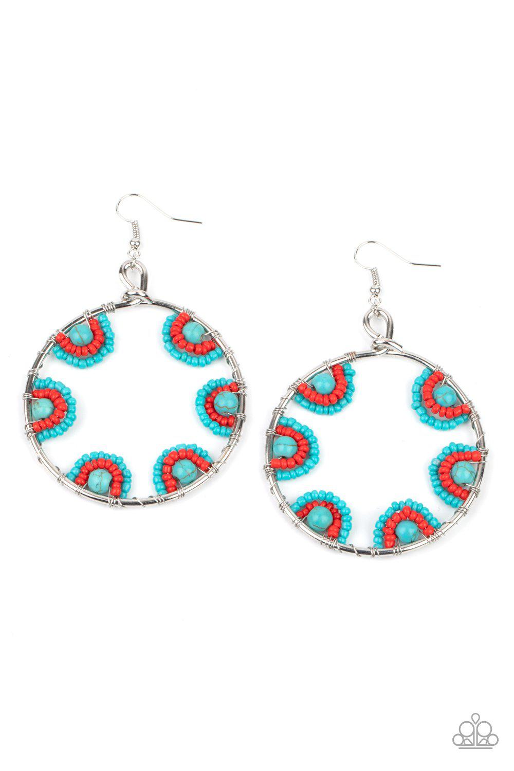 Off The Rim Turquoise Blue and Red Seed Bead and Stone Earrings - Paparazzi Accessories- lightbox - CarasShop.com - Paparazzi Jewelry by Cara Jewels