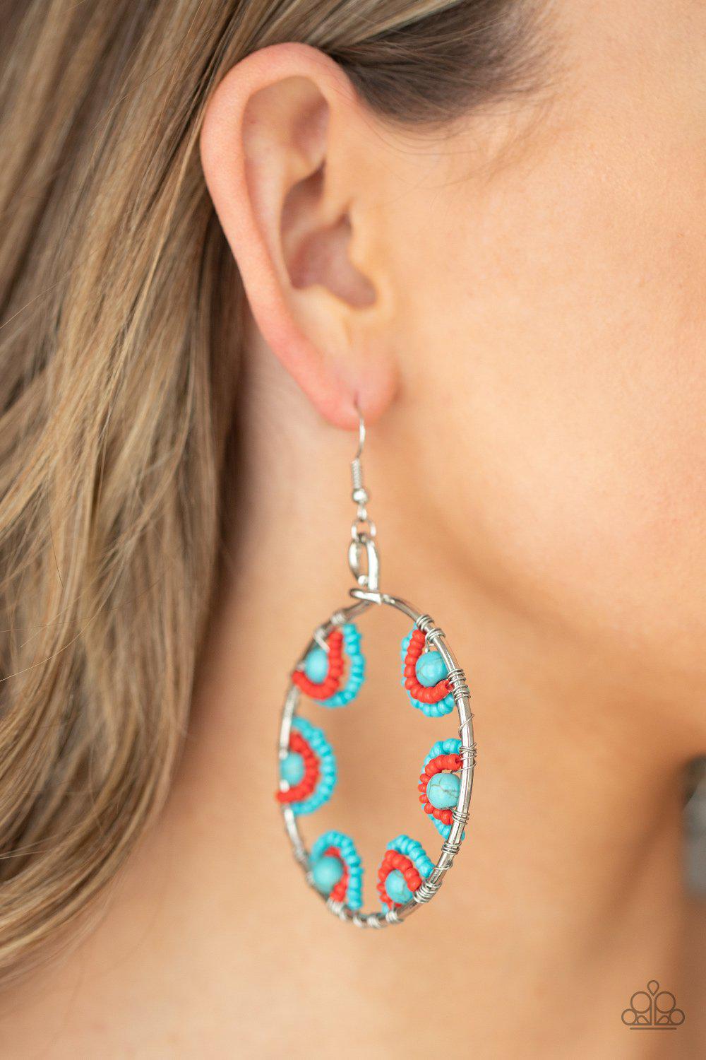Off The Rim Turquoise Blue and Red Seed Bead and Stone Earrings - Paparazzi Accessories- lightbox - CarasShop.com - Paparazzi Jewelry by Cara Jewels