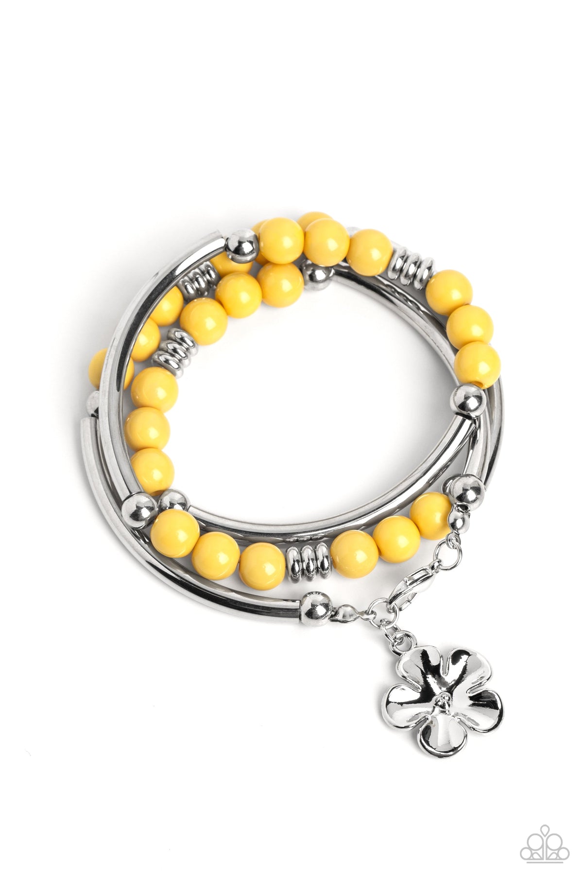Off the WRAP Yellow Floral Coil Bracelet - Paparazzi Accessories- lightbox - CarasShop.com - Paparazzi Jewelry by Cara Jewels