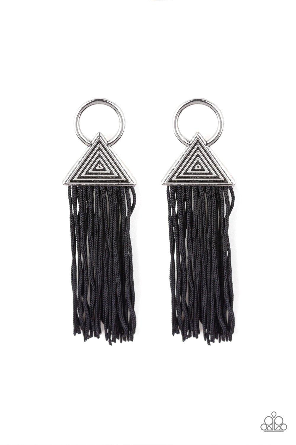 Oh My GIZA Black and Silver Tassel Earrings - Paparazzi Accessories- on model - CarasShop.com - Paparazzi Jewelry by Cara Jewels