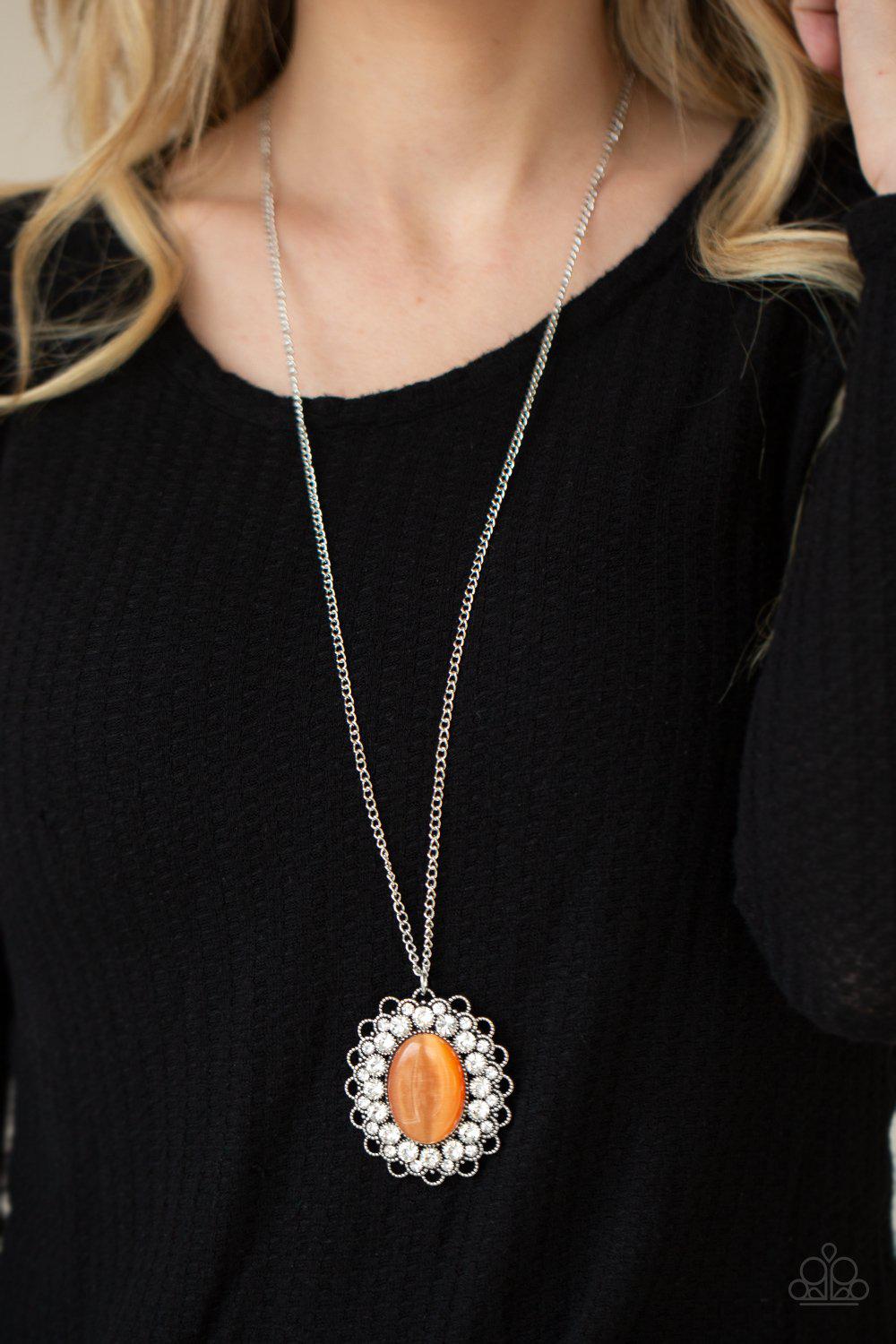Oh My Medallion Orange Cat's Eye Stone Necklace - Paparazzi Accessories- on model - CarasShop.com - Paparazzi Jewelry by Cara Jewels