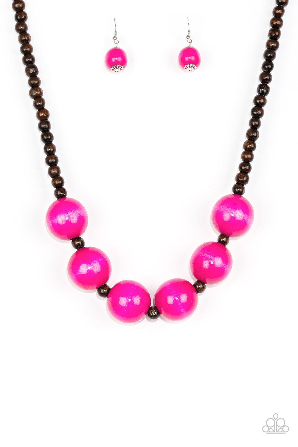 Oh My Miami Pink and Brown Wood Necklace and matching Earrings - Paparazzi Accessories- lightbox - CarasShop.com - Paparazzi Jewelry by Cara Jewels