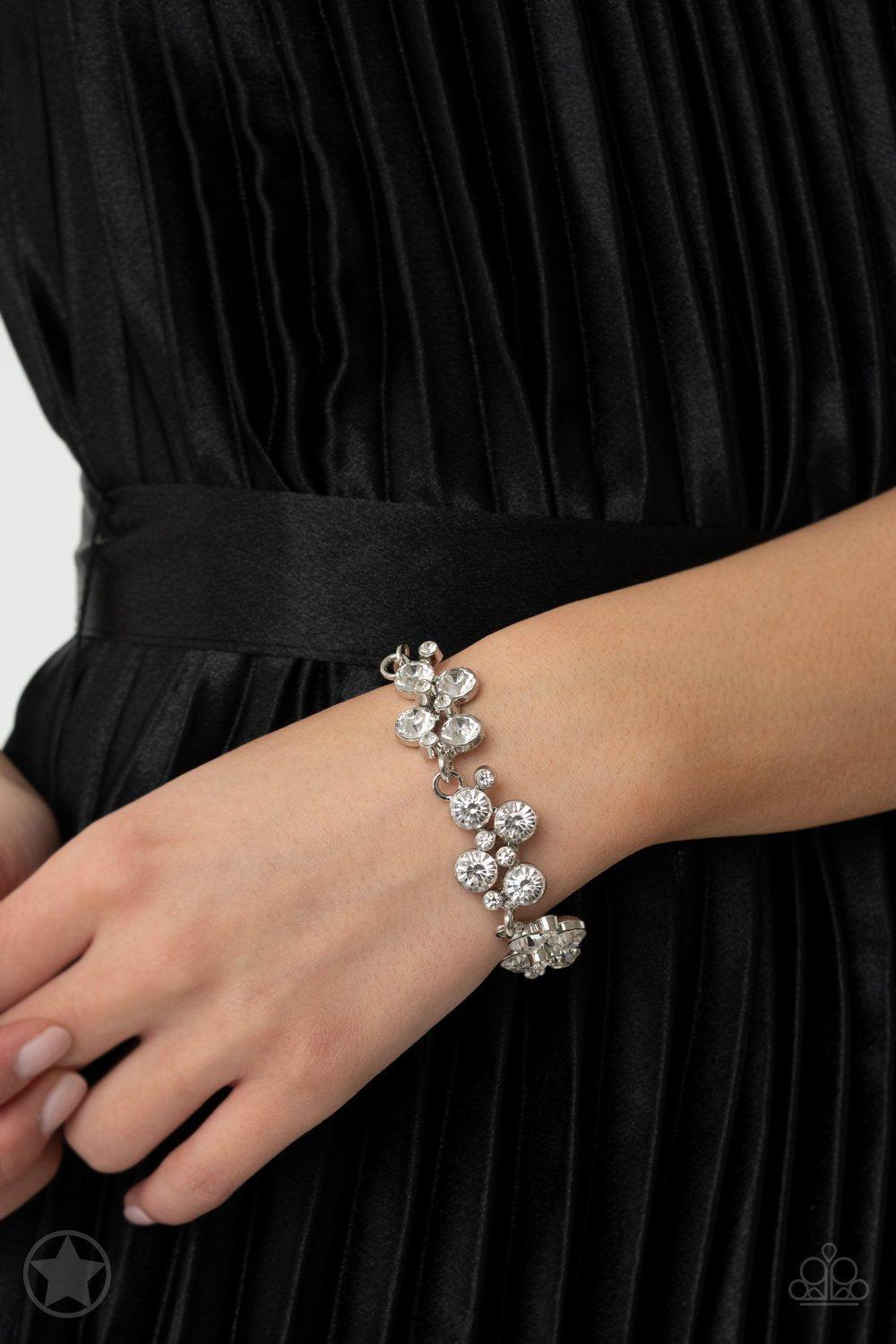 Old Hollywood White Rhinestone Bracelet - Paparazzi Accessories- on model - CarasShop.com - Paparazzi Jewelry by Cara Jewels