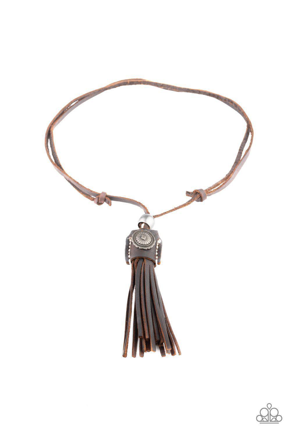 Old Town Road Brown Leather Urban Unisex Necklace - Paparazzi Accessories- lightbox - CarasShop.com - Paparazzi Jewelry by Cara Jewels