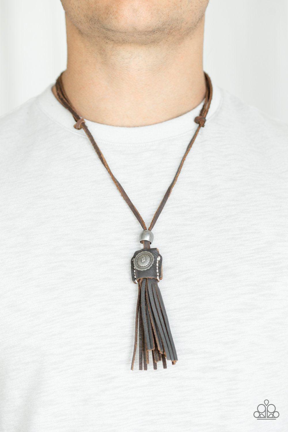 Old Town Road Brown Leather Urban Unisex Necklace - Paparazzi Accessories- on model - CarasShop.com - Paparazzi Jewelry by Cara Jewels