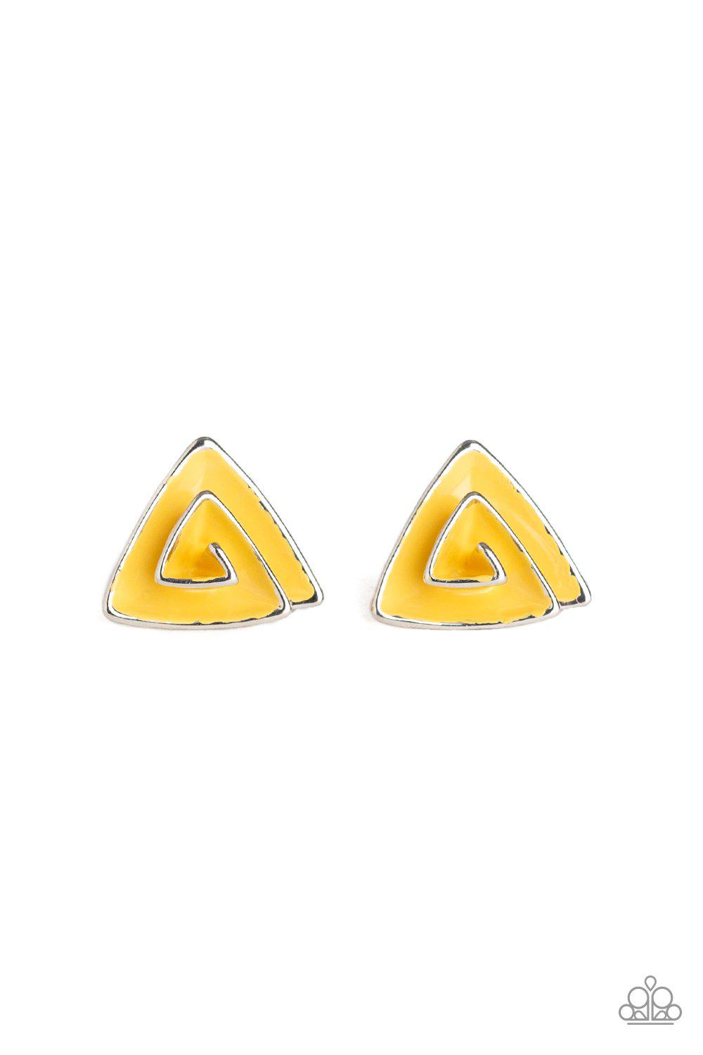 On Blast Yellow Triangle Post Earrings - Paparazzi Accessories- lightbox - CarasShop.com - Paparazzi Jewelry by Cara Jewels