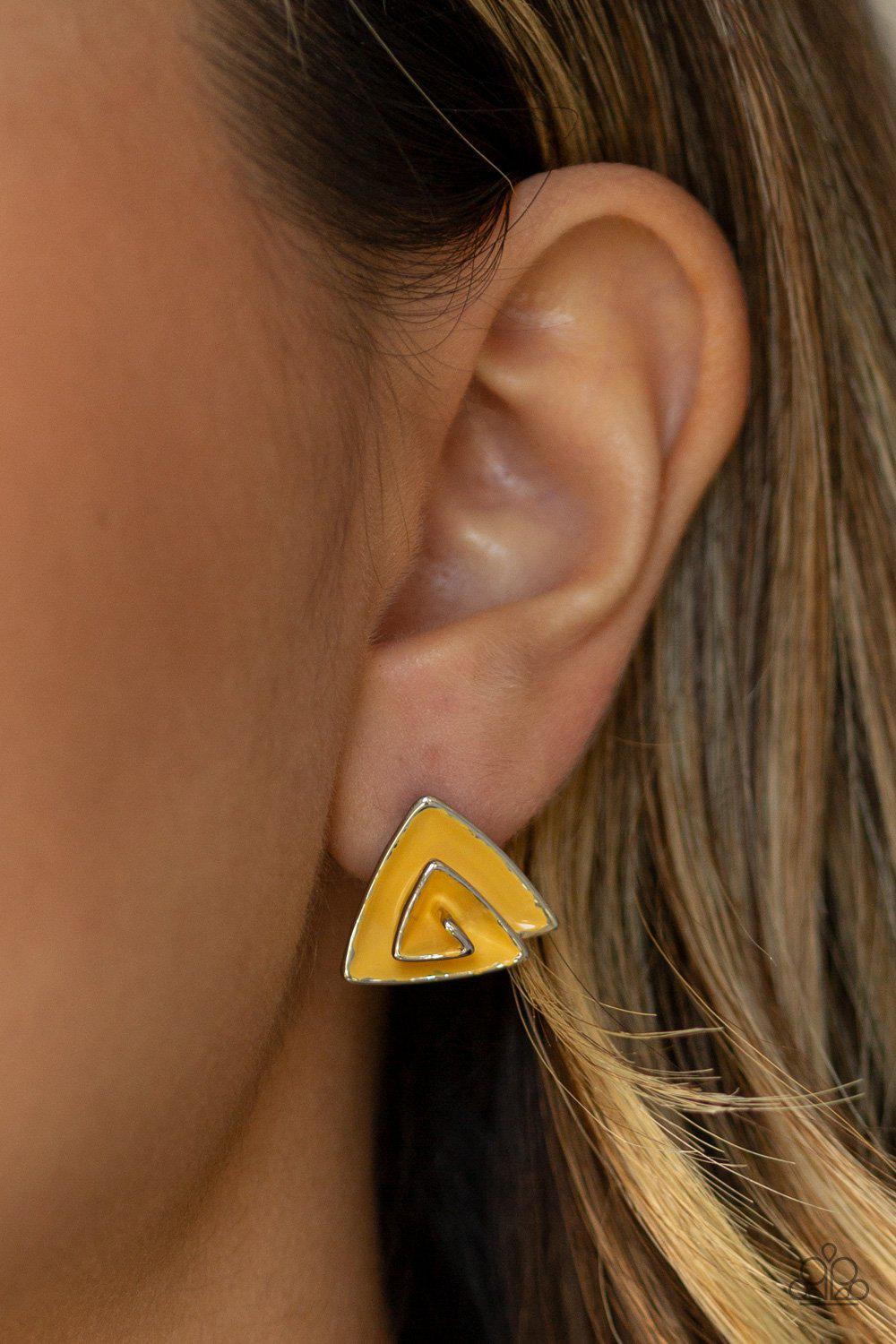 On Blast Yellow Triangle Post Earrings - Paparazzi Accessories- lightbox - CarasShop.com - Paparazzi Jewelry by Cara Jewels