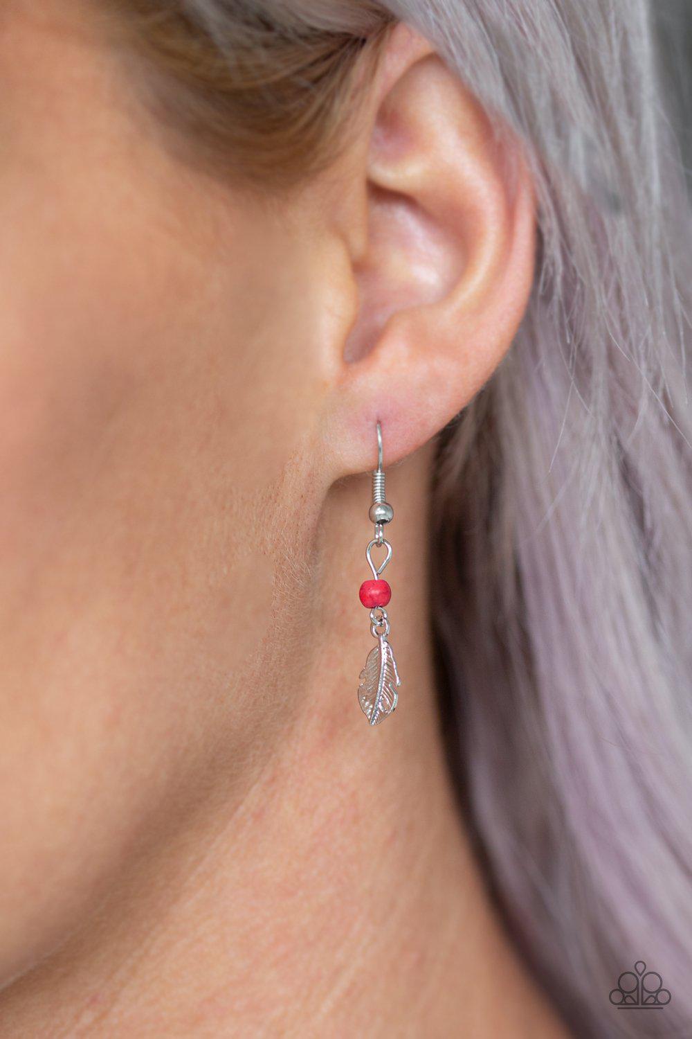 On The Fly Multi Red Stone and Silver Feather Fringe Necklace - Paparazzi Accessories - free matching earrings -CarasShop.com - Paparazzi Jewelry by Cara Jewels