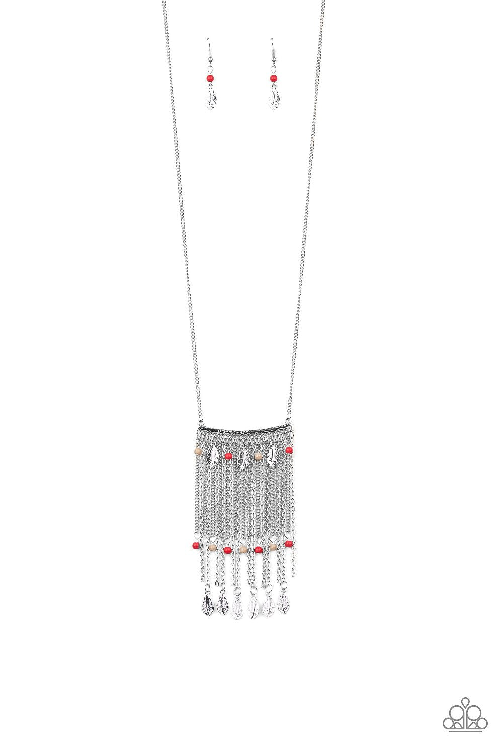 On The Fly Multi Red Stone and Silver Feather Fringe Necklace - Paparazzi Accessories- lightbox - CarasShop.com - Paparazzi Jewelry by Cara Jewels