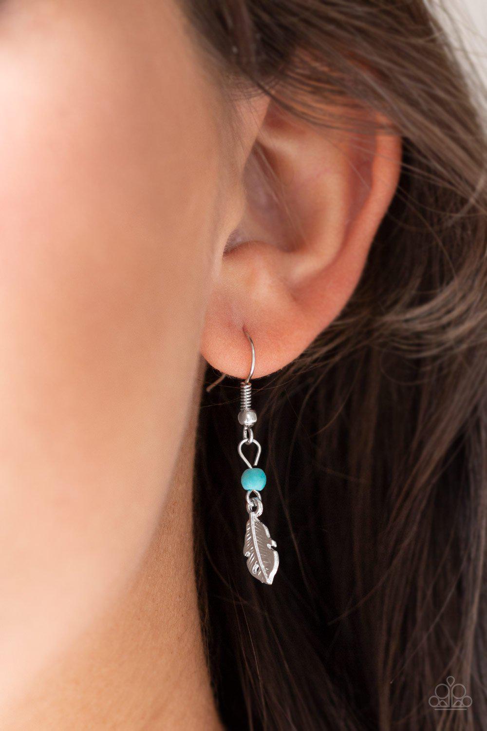On The Fly Turquoise Blue Stone and Silver Feather Necklace - Paparazzi Accessories - free matching earrings -CarasShop.com - Paparazzi Jewelry by Cara Jewels