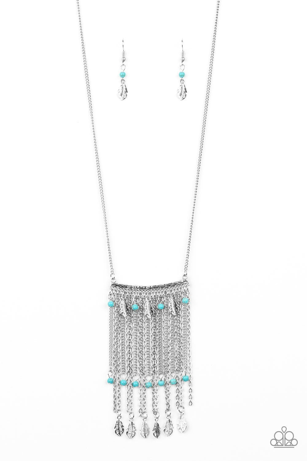 On The Fly Turquoise Blue Stone and Silver Feather Necklace - Paparazzi Accessories- lightbox - CarasShop.com - Paparazzi Jewelry by Cara Jewels