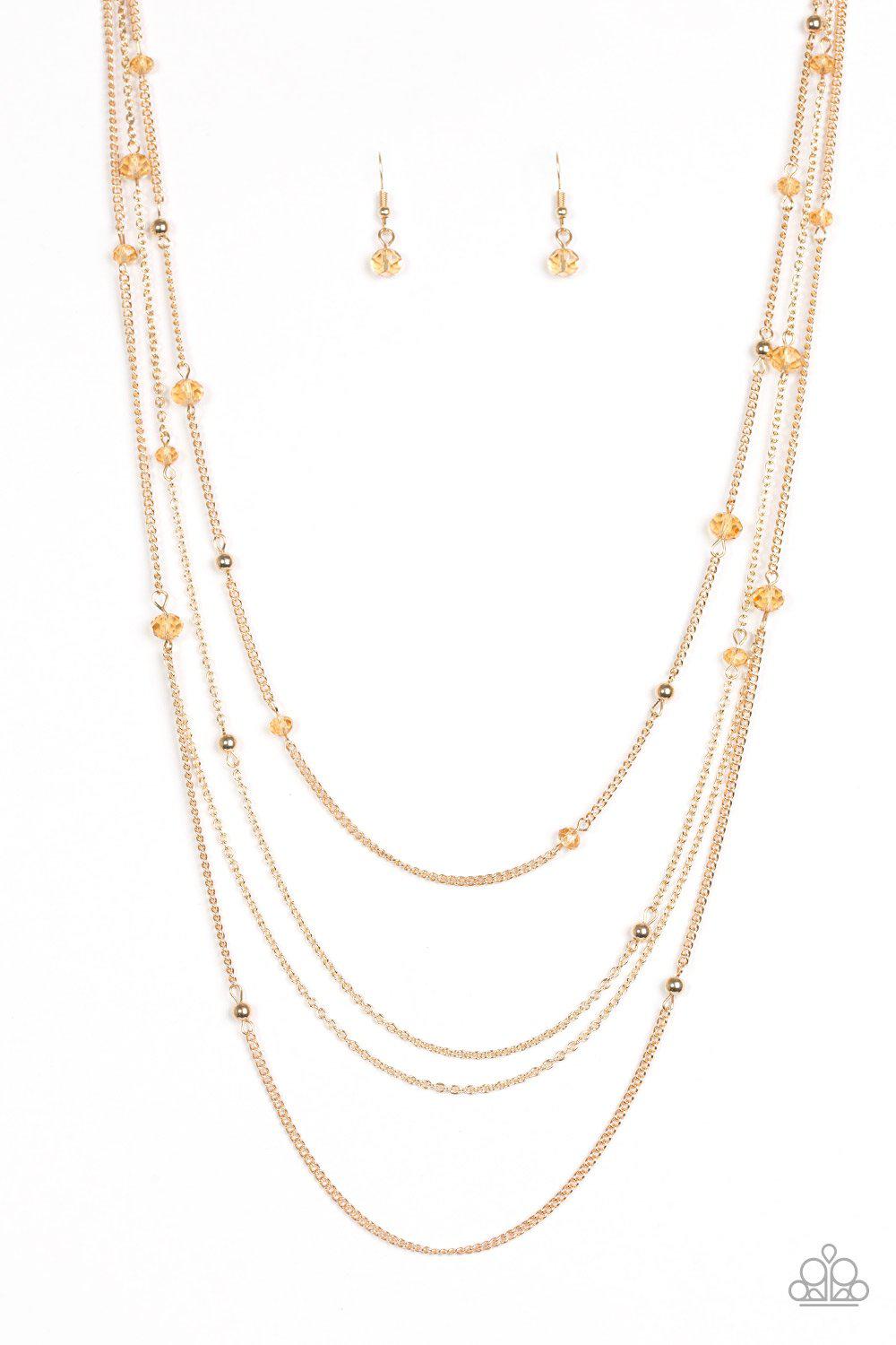 On The Front Shine Long Gold Necklace - Paparazzi Accessories - free matching earrings -CarasShop.com - Paparazzi Jewelry by Cara Jewels