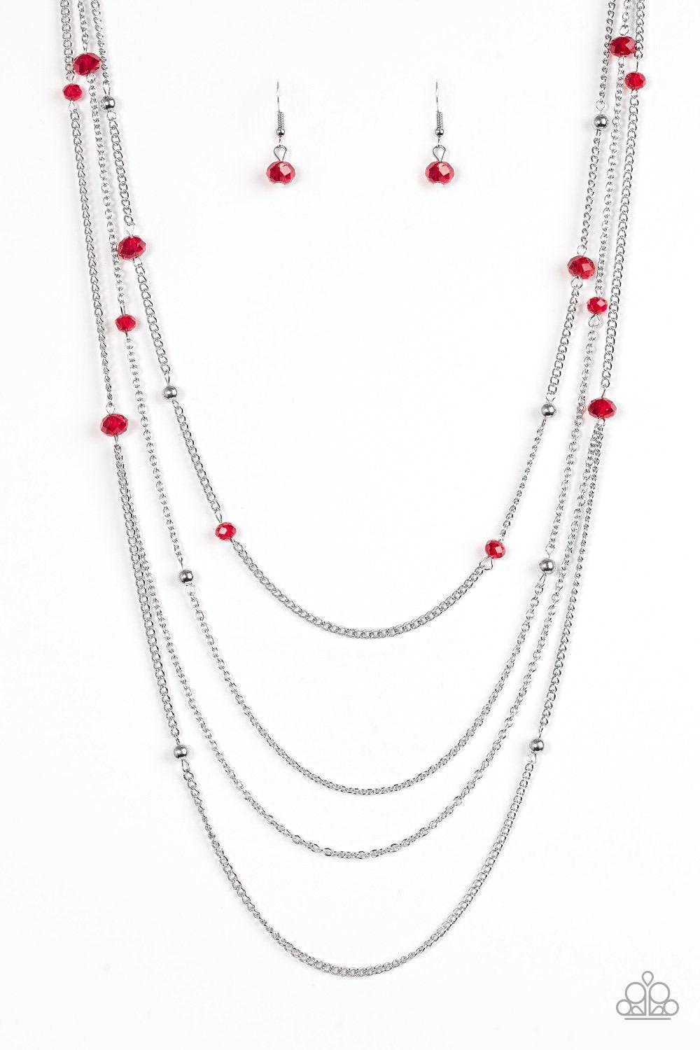 On The Front Shine Long Red and Silver Necklace - Paparazzi Accessories - free matching earrings -CarasShop.com - Paparazzi Jewelry by Cara Jewels