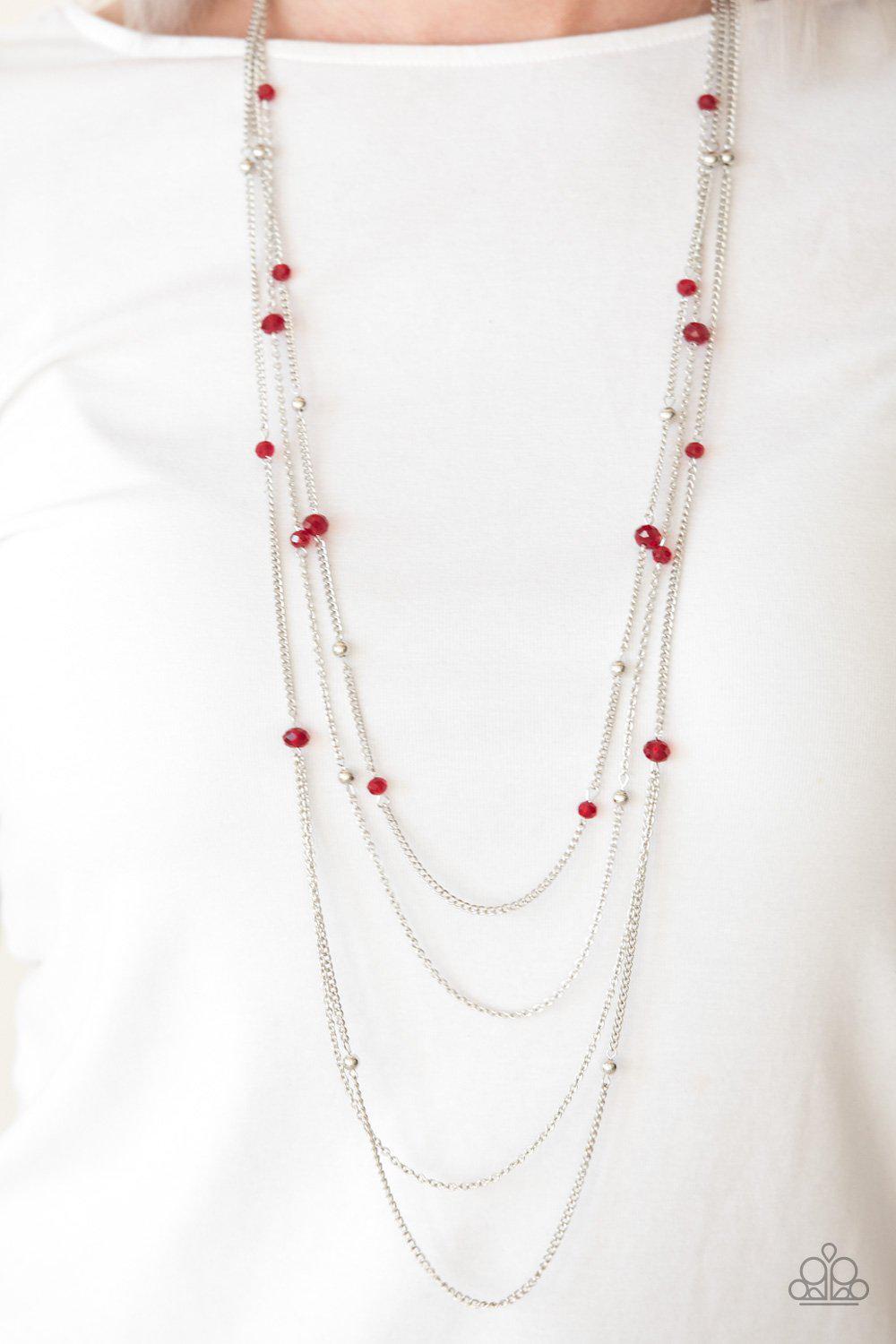 On The Front Shine Long Red and Silver Necklace - Paparazzi Accessories- lightbox - CarasShop.com - Paparazzi Jewelry by Cara Jewels