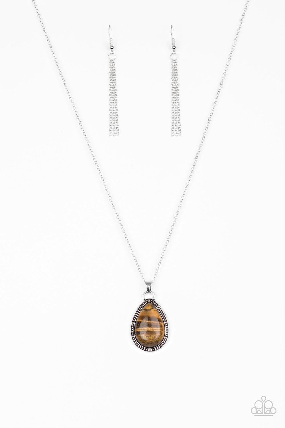 On The Home FRONTIER Brown Tiger's Eye Teardrop Necklace - Paparazzi Accessories- on model - CarasShop.com - Paparazzi Jewelry by Cara Jewels