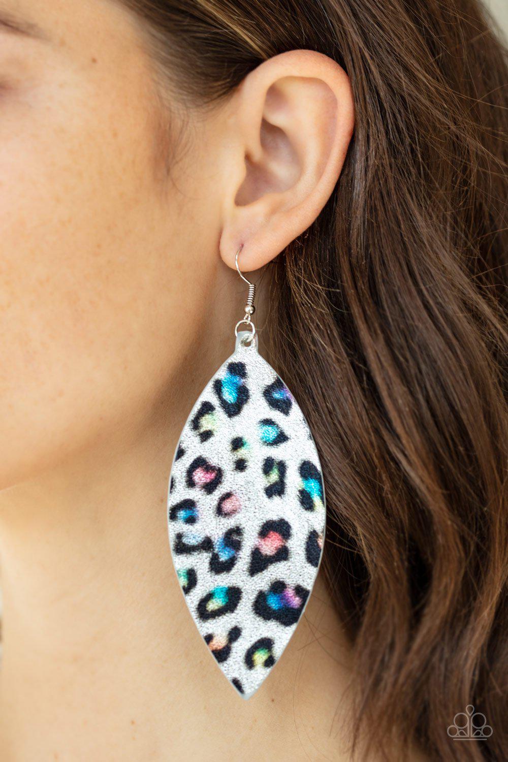 Once a CHEETAH, Always a CHEETAH Multi-color Leather Animal Print Earrings - Paparazzi Accessories- on model - CarasShop.com - Paparazzi Jewelry by Cara Jewels