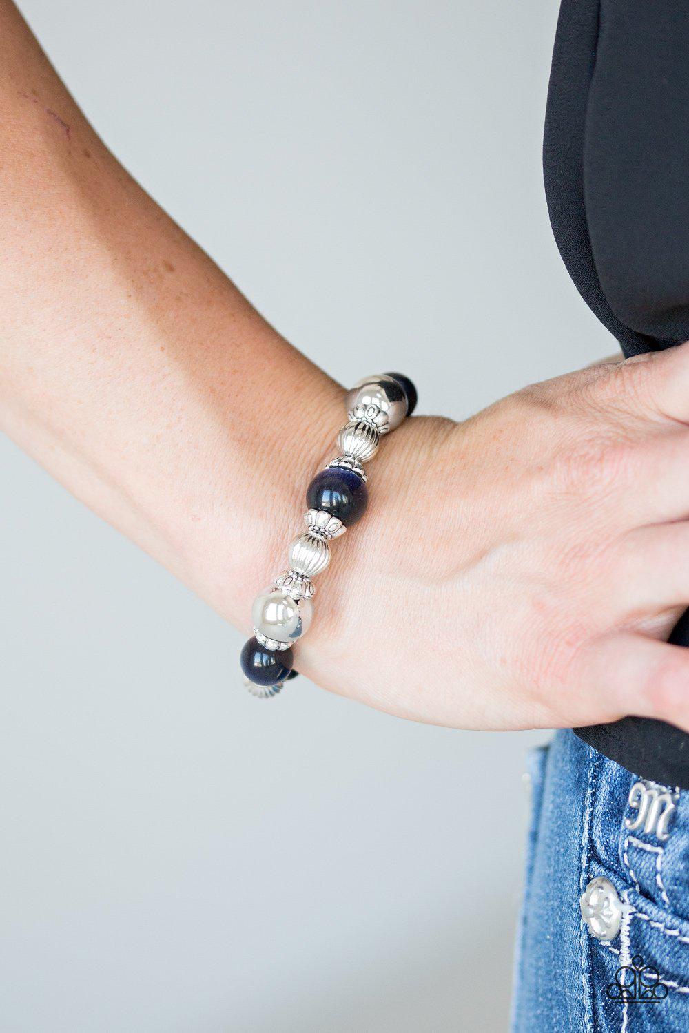 Once Upon A MARITIME Dark Blue and Silver Stretch Bracelet- on model - CarasShop.com - Paparazzi Jewelry by Cara Jewels