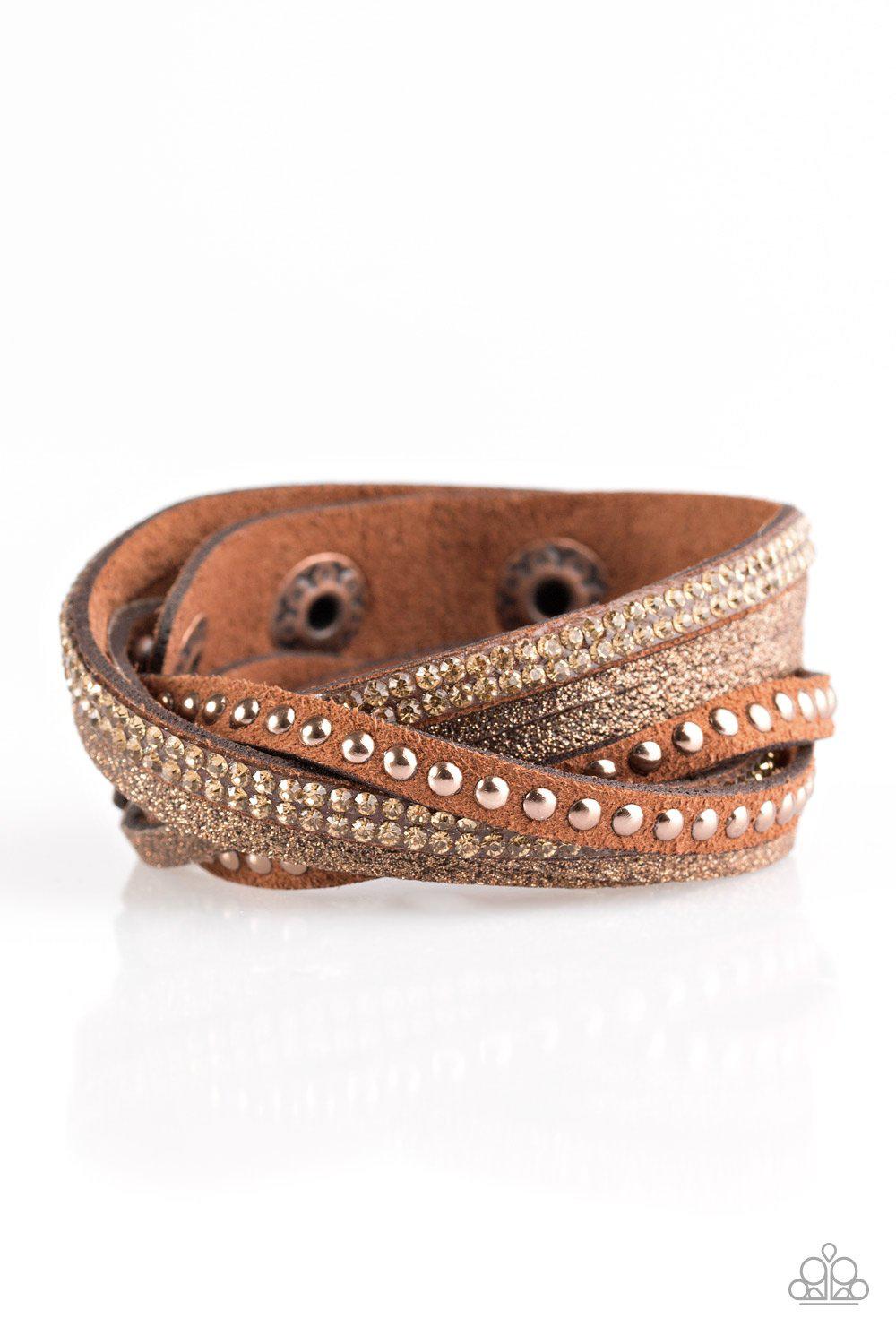 Once Upon A Showtime Copper Double-wrap Snap Bracelet - Paparazzi Accessories- on model - CarasShop.com - Paparazzi Jewelry by Cara Jewels