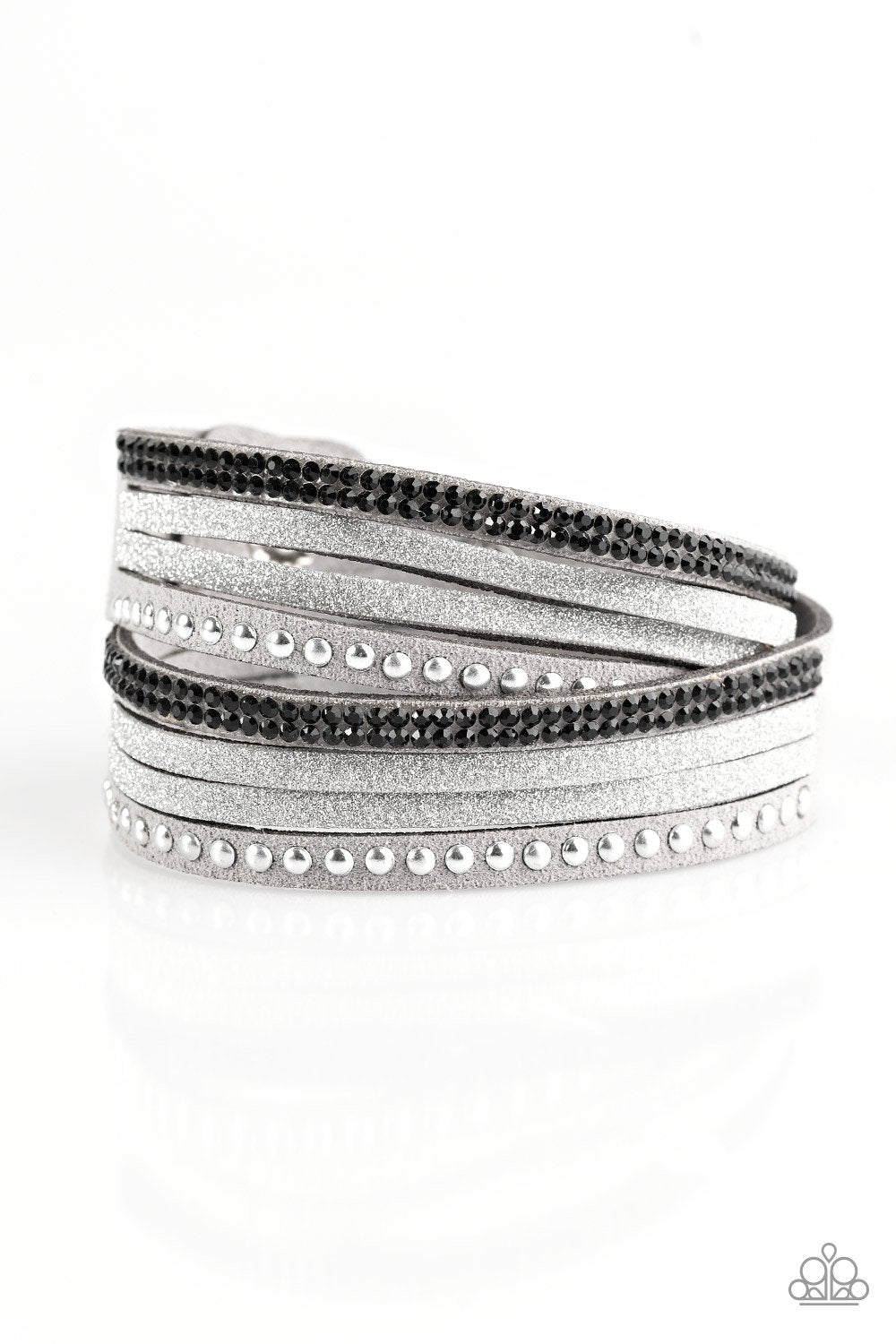 Once Upon A Showtime Silver and Black Double-wrap Snap Bracelet - Paparazzi Accessories- on model - CarasShop.com - Paparazzi Jewelry by Cara Jewels