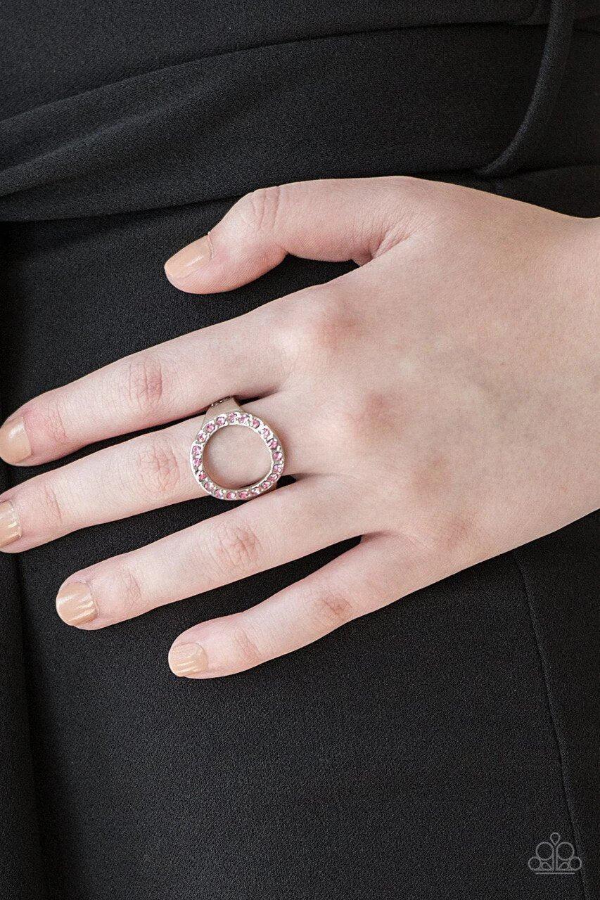 One-GLAM Band Pink Ring - Paparazzi Accessories- on model - CarasShop.com - Paparazzi Jewelry by Cara Jewels
