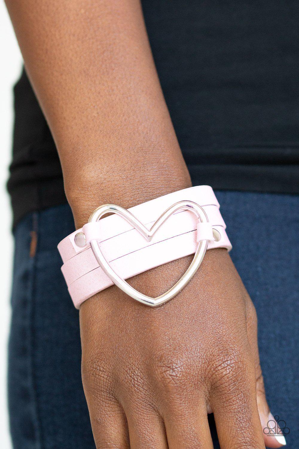 One Love, One Heart Pink Leather Wrap Snap Bracelet - Paparazzi Accessories- lightbox - CarasShop.com - Paparazzi Jewelry by Cara Jewels