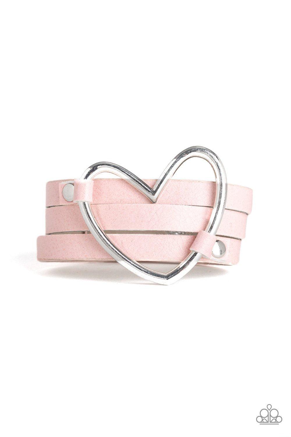 One Love, One Heart Pink Leather Wrap Snap Bracelet - Paparazzi Accessories- on model - CarasShop.com - Paparazzi Jewelry by Cara Jewels