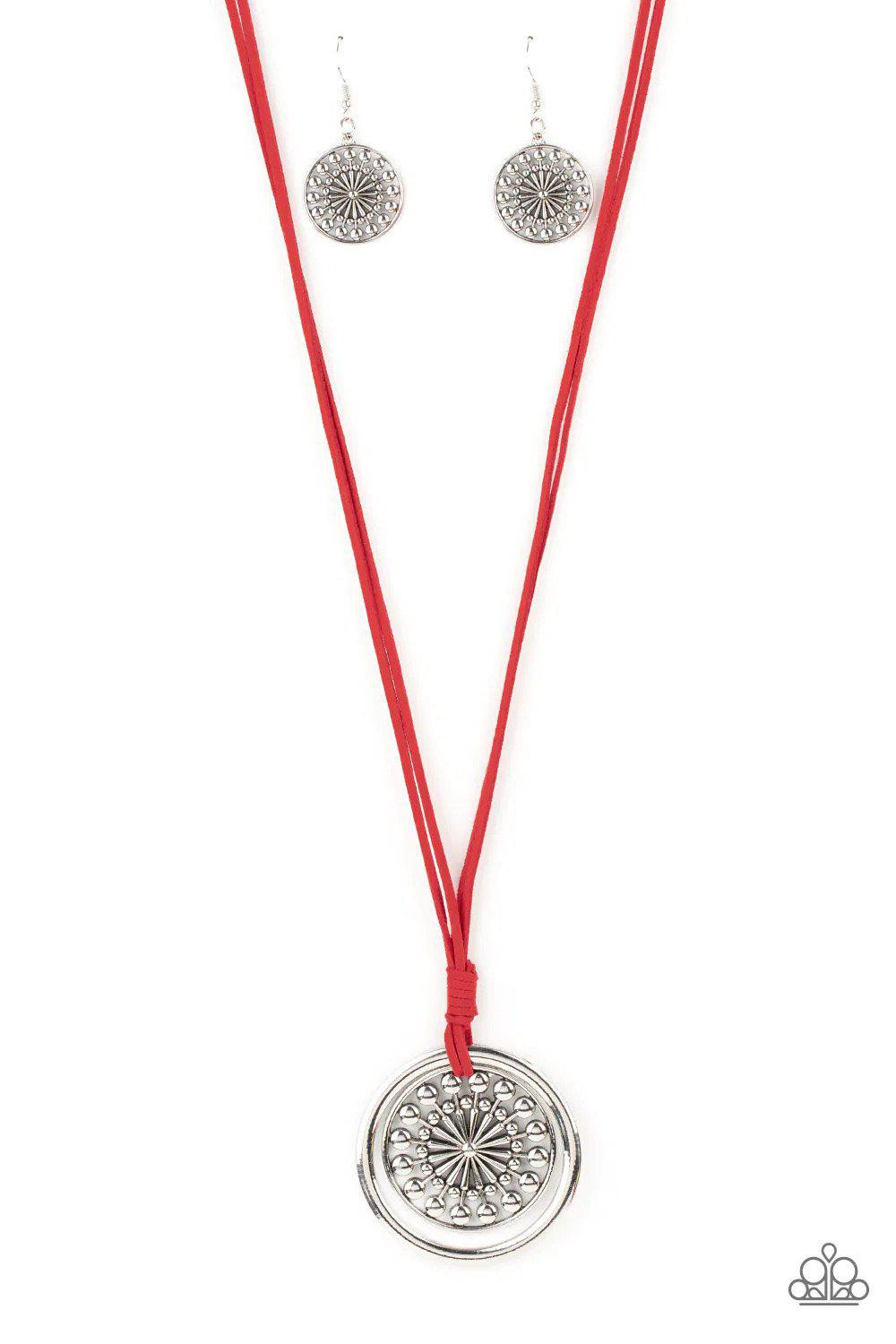 One MANDALA Show Red Suede Necklace - Paparazzi Accessories- lightbox - CarasShop.com - Paparazzi Jewelry by Cara Jewels