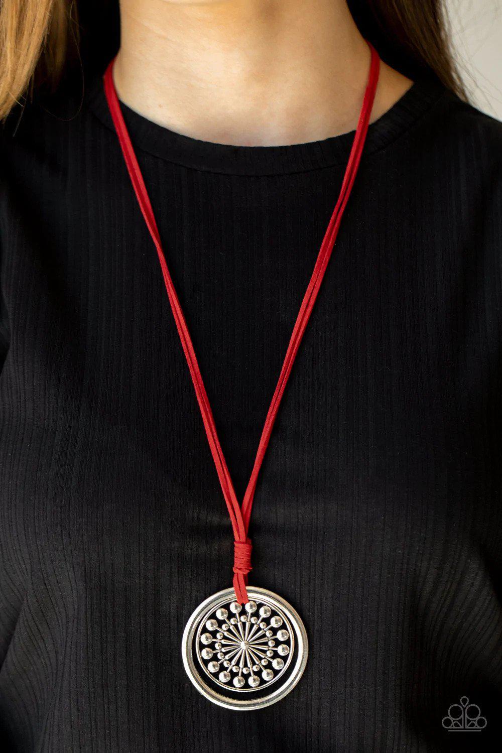 One MANDALA Show Red Suede Necklace - Paparazzi Accessories- on model - CarasShop.com - Paparazzi Jewelry by Cara Jewels