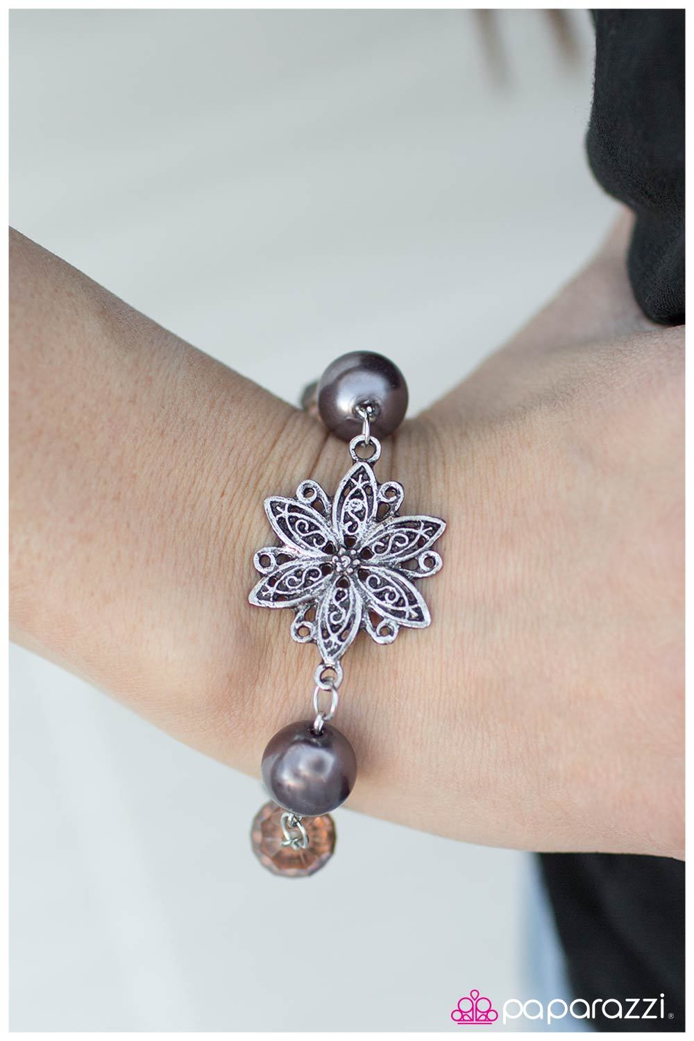 One More Thing Silver and Brown Flower Bracelet - Paparazzi Accessories- lightbox - CarasShop.com - Paparazzi Jewelry by Cara Jewels