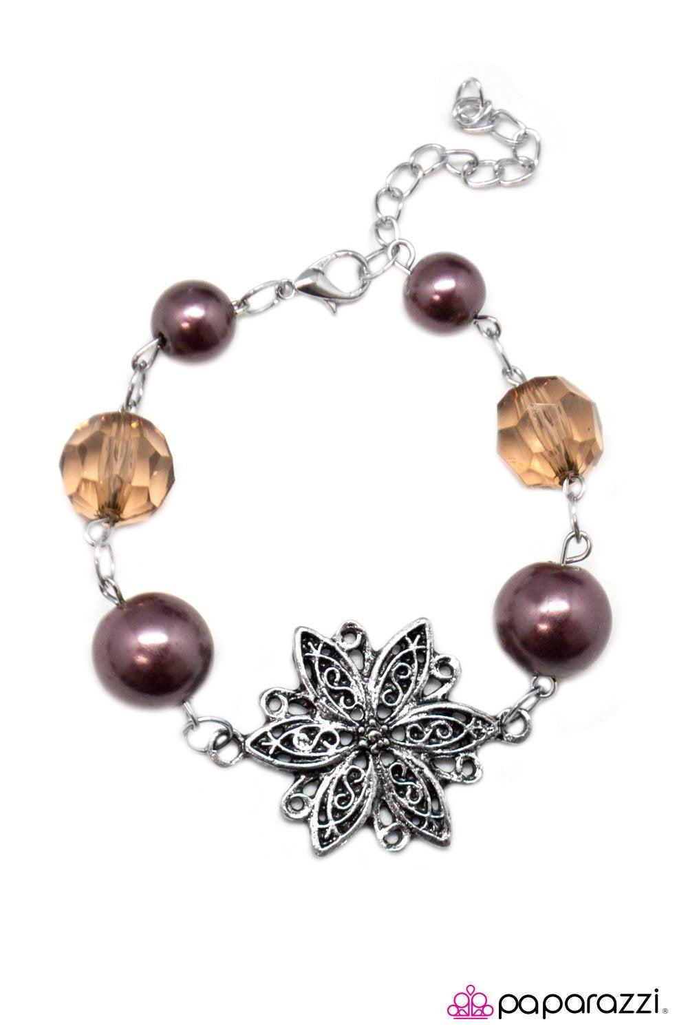 One More Thing Silver and Brown Flower Bracelet - Paparazzi Accessories- on model - CarasShop.com - Paparazzi Jewelry by Cara Jewels