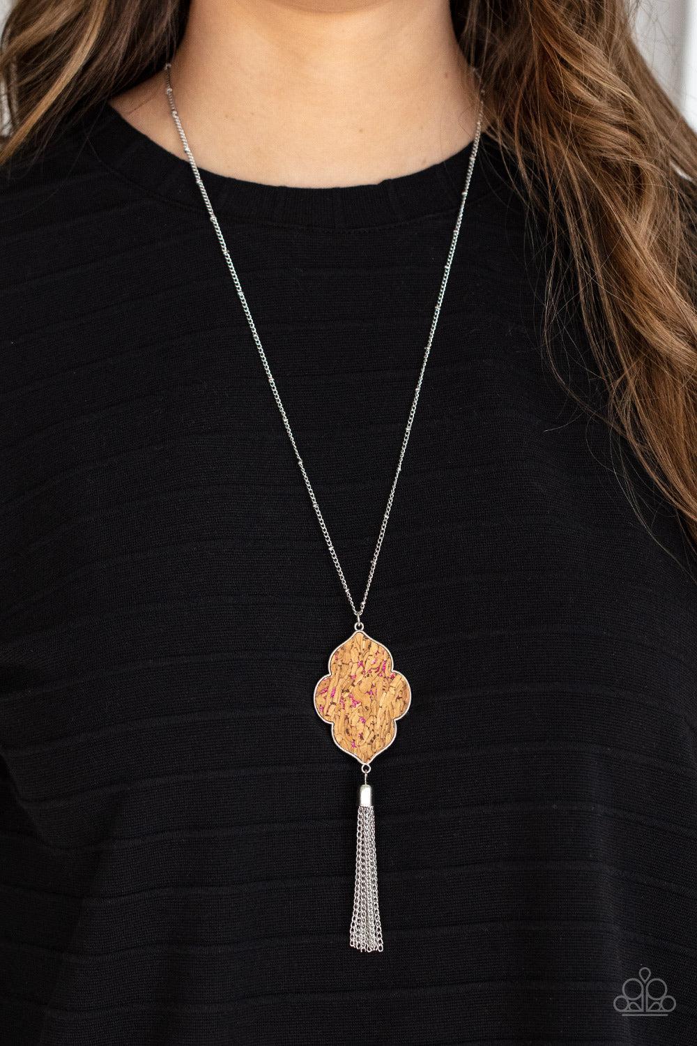 One Night In Casablanca Pink Sparkle & Cork Necklace - Paparazzi Accessories- lightbox - CarasShop.com - Paparazzi Jewelry by Cara Jewels