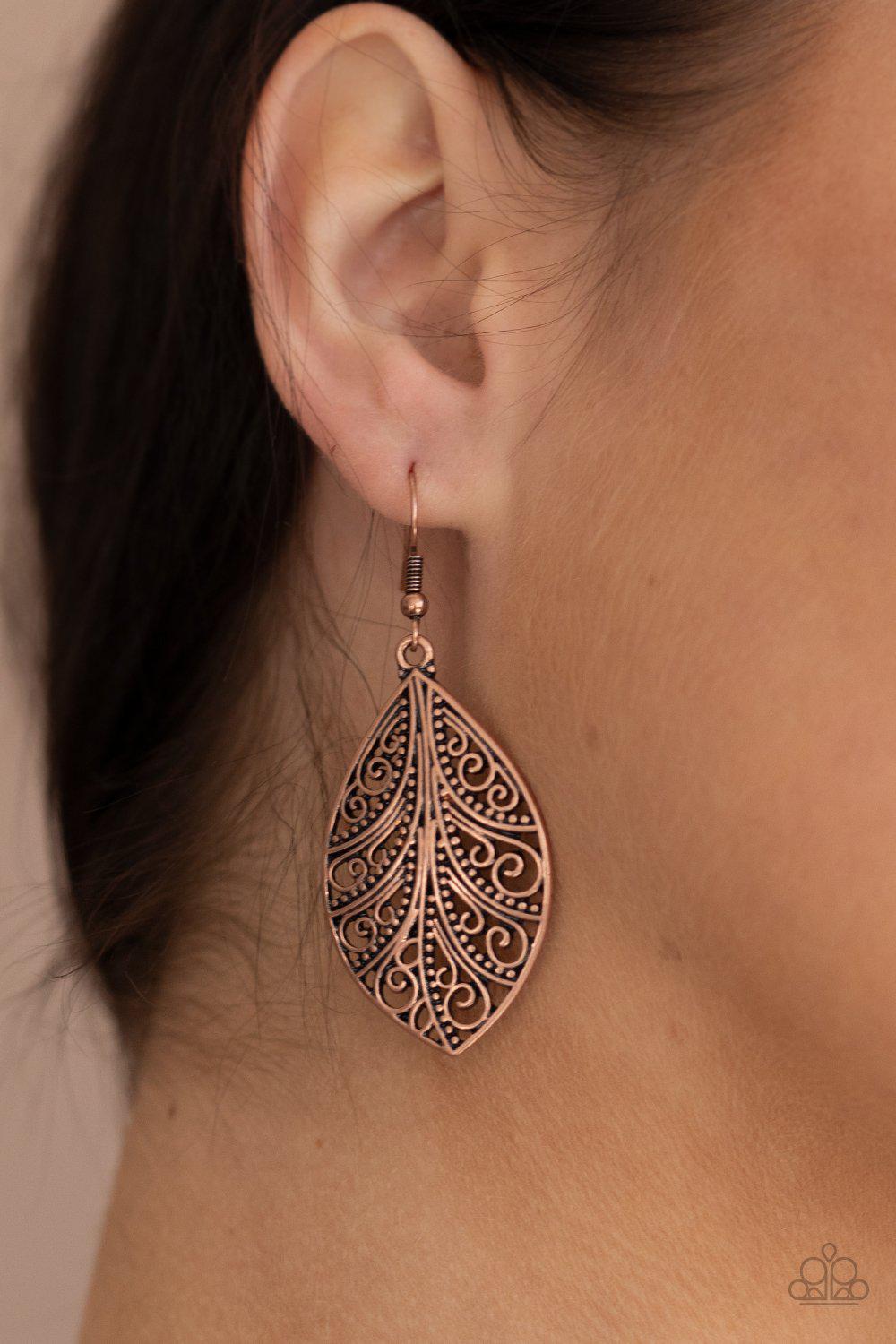 One VINE Day Copper Filigree Earrings - Paparazzi Accessories- lightbox - CarasShop.com - Paparazzi Jewelry by Cara Jewels