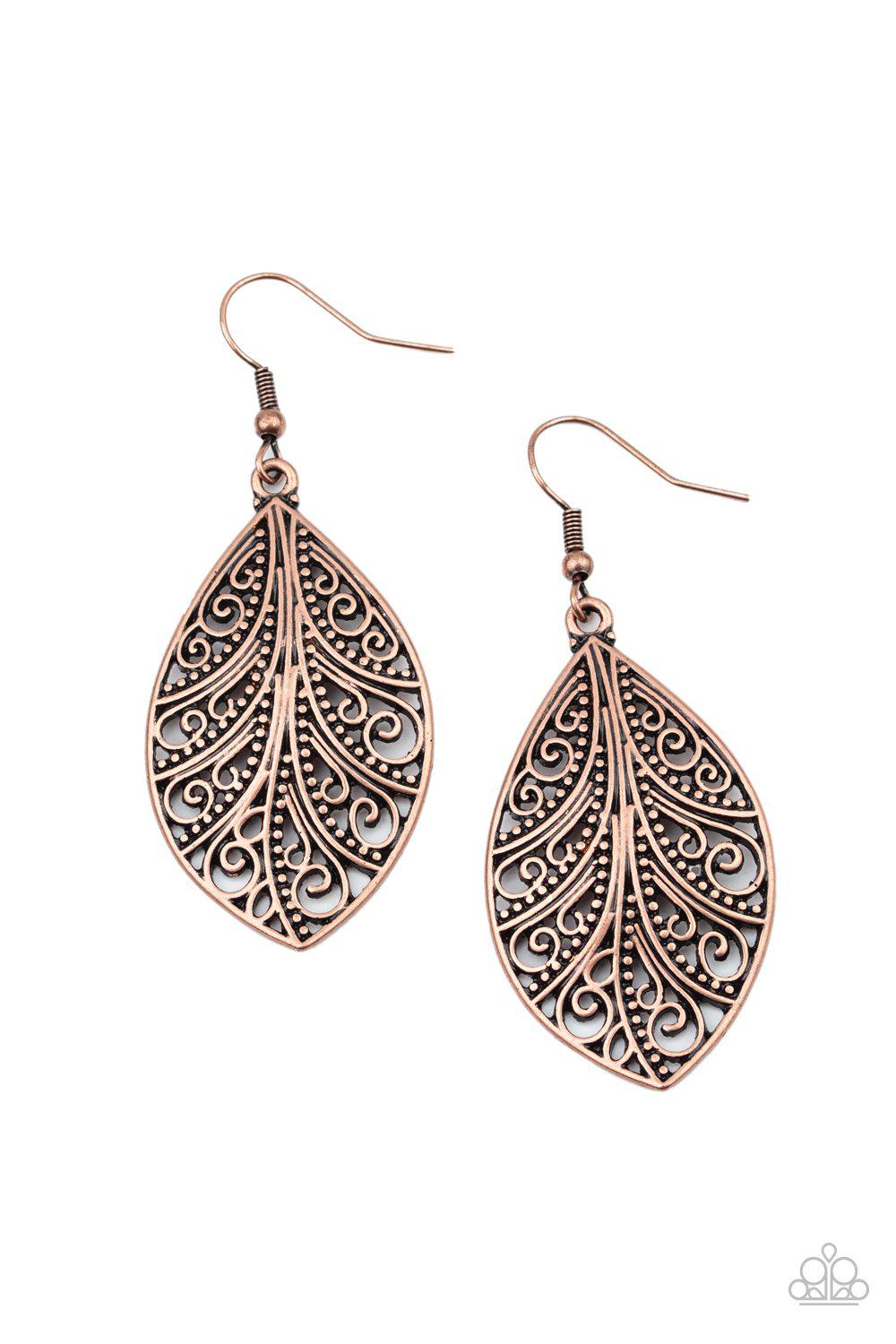 One VINE Day Copper Filigree Earrings - Paparazzi Accessories- on model - CarasShop.com - Paparazzi Jewelry by Cara Jewels