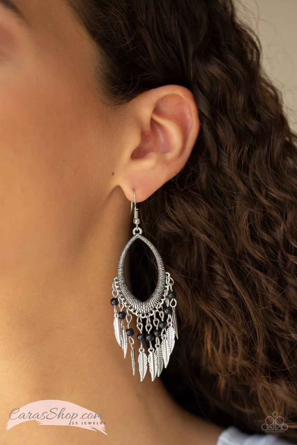 One Way Flight Silver and Black Earrings - Paparazzi Accessories- lightbox - CarasShop.com - Paparazzi Jewelry by Cara Jewels