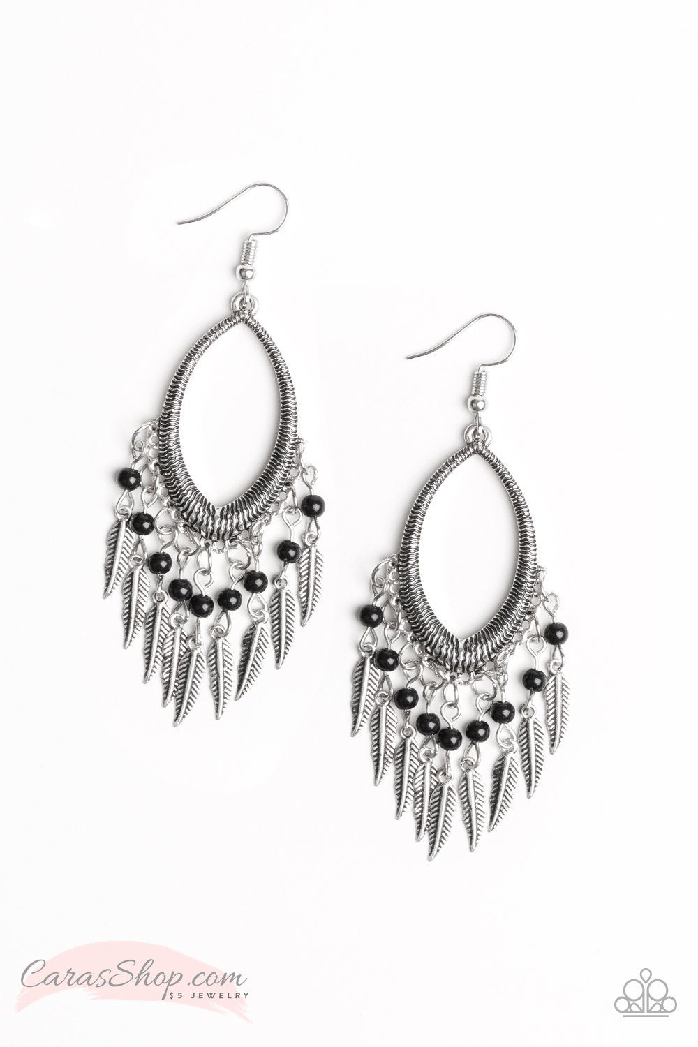 One Way Flight Silver and Black Earrings - Paparazzi Accessories- on model - CarasShop.com - Paparazzi Jewelry by Cara Jewels