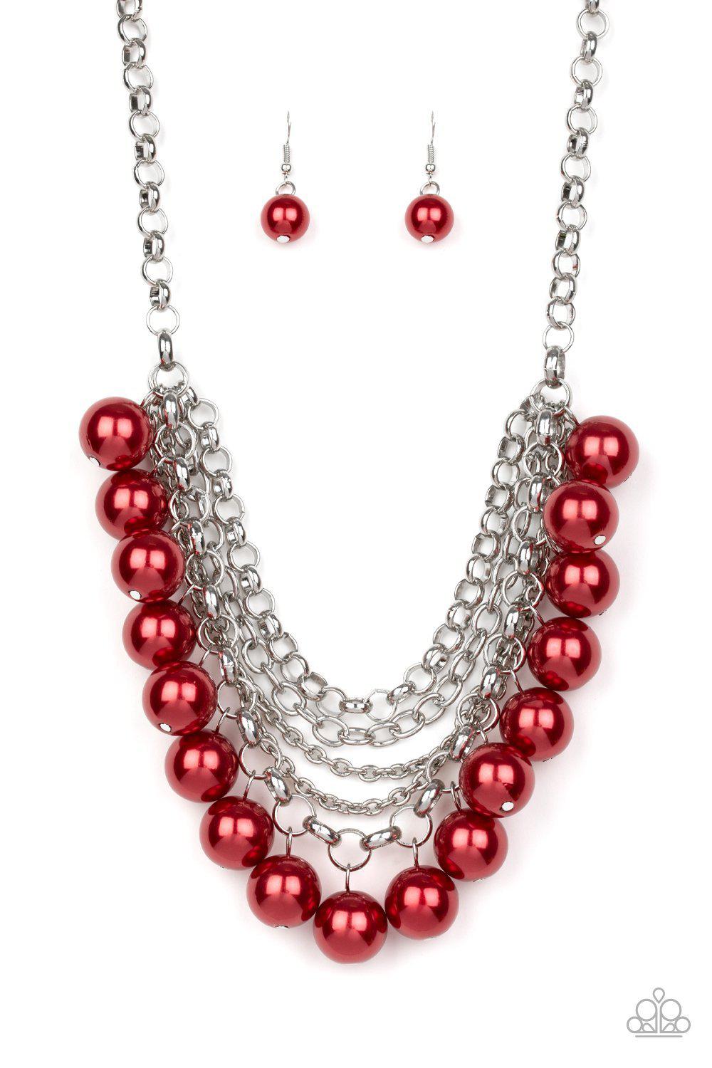 One-Way WALL STREET Red Necklace and matching Earrings - Paparazzi Accessories- lightbox - CarasShop.com - Paparazzi Jewelry by Cara Jewels
