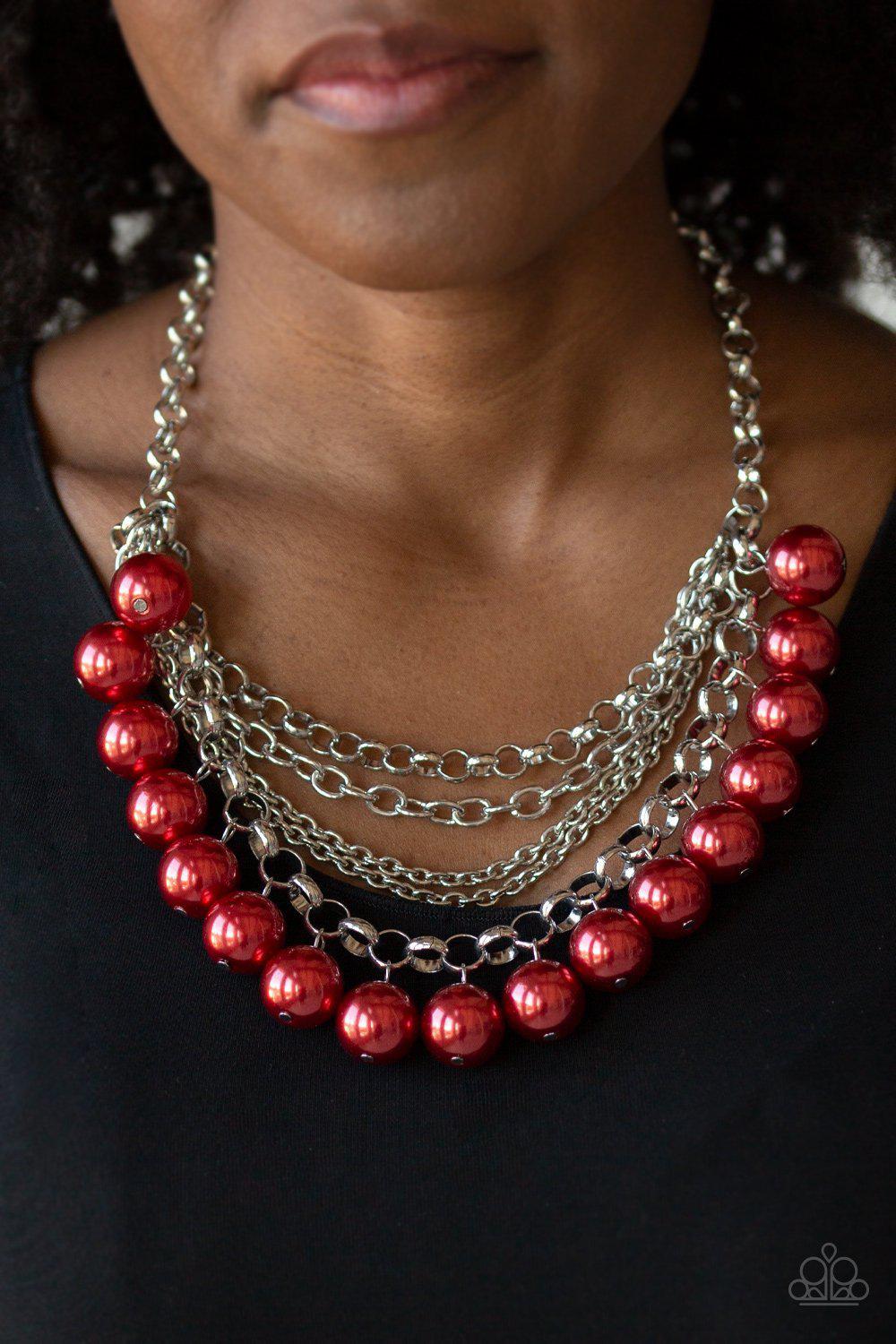 One-Way WALL STREET Red Necklace and matching Earrings - Paparazzi Accessories- on model - CarasShop.com - Paparazzi Jewelry by Cara Jewels