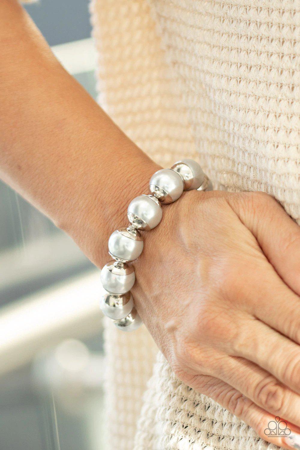 One Woman Show-STOPPER Silver Pearl Bracelet - Paparazzi Accessories- on model - CarasShop.com - Paparazzi Jewelry by Cara Jewels